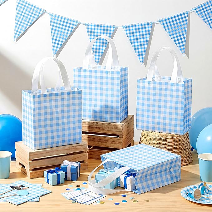 Sweetude 16 Pcs Blue White Checkered Gift Bags with Handles Gingham Blue and White Party Favors Non-woven Reusable Tote for Women Wedding Birthday Baby Shower Mother's Day Party Decorations