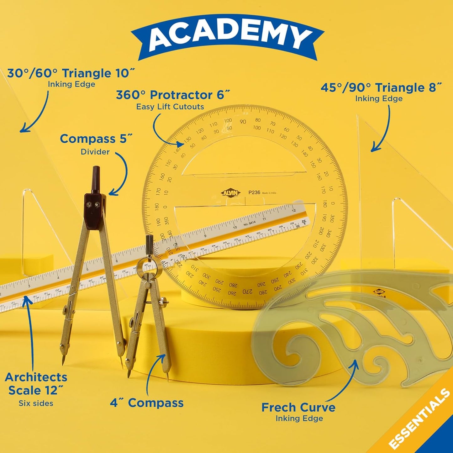 ALVIN Academy Drafting, Drawing and Design Essentials Kit | 13 Pieces | Class Tools for Geometry, Architecture and Engineering Students | - Model DDKE2