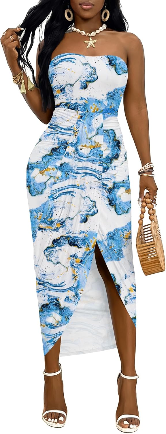 Umenlele Women's Strapless Ruched High Waist Wrap Split Asymmetrical Beach Maxi Long Dress
