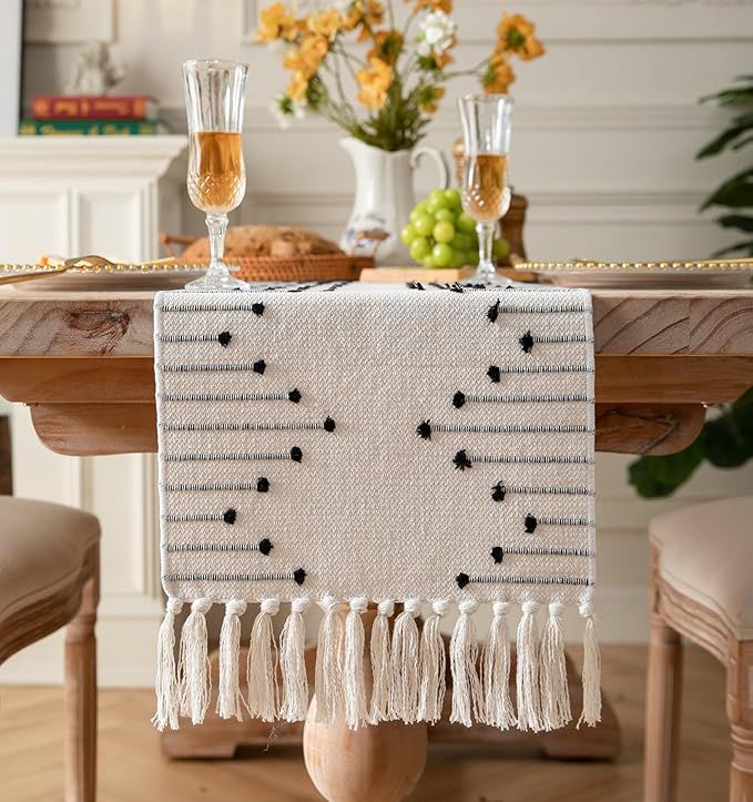 Boho Table Runner 13 x 48 Inch Long Natural Cotton Woven Runner with Tassels for Home Dining Table décor, for Modern Farmhouse Decor Coffee Table Runner, Black and Beige