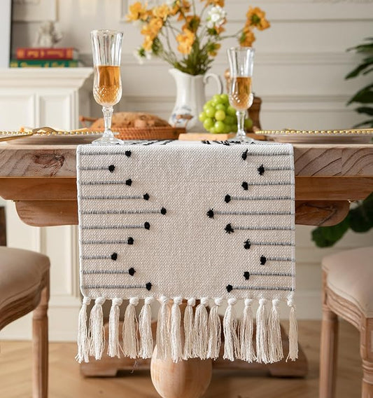 Boho Table Runner 13 x 90 Inch Long Natural Cotton Woven Runner with Tassels for Home Dining Table décor, for Modern Farmhouse Decor Coffee Table Runner, Black and Beige