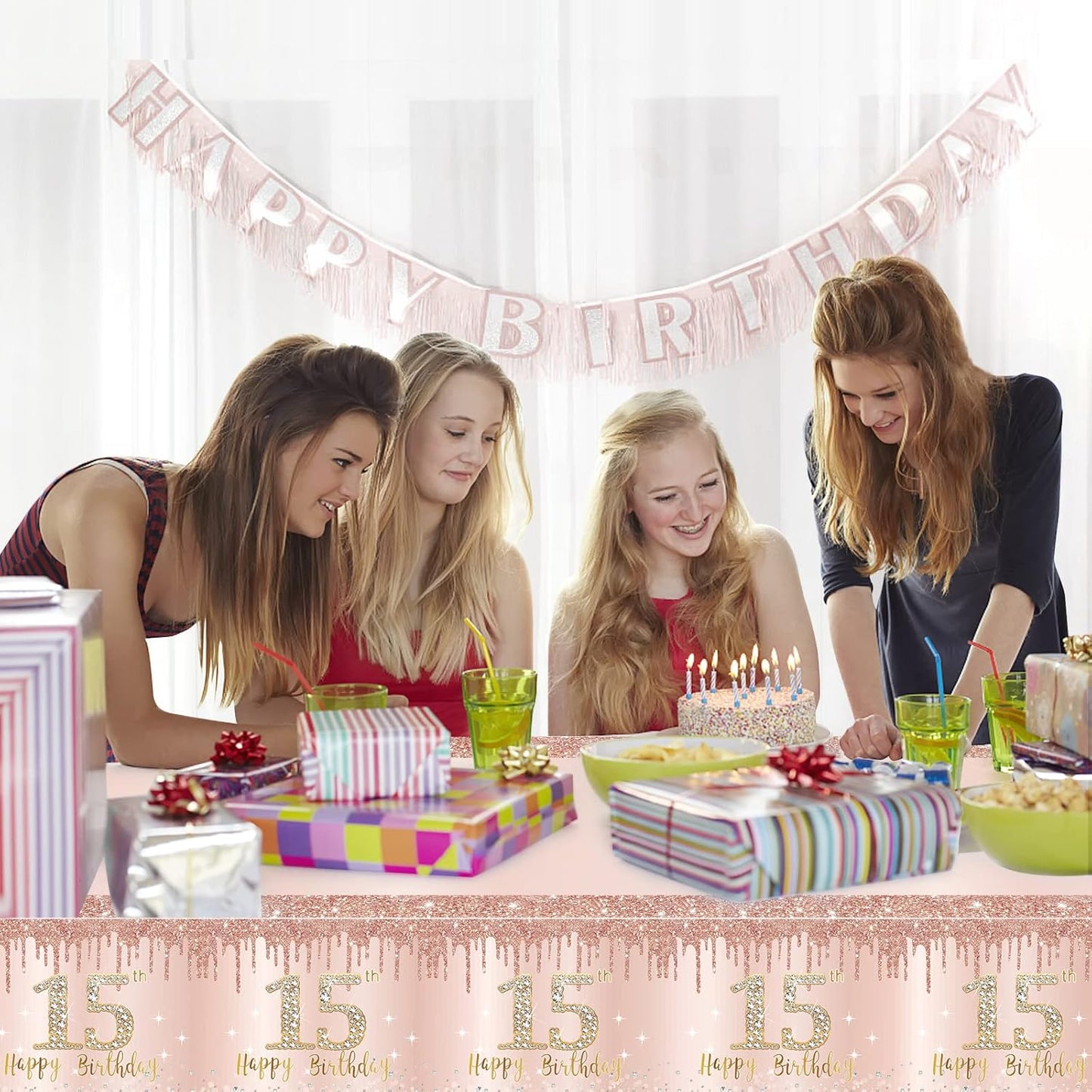 Excelloon 3 Pack Pink Rose Gold Happy 15 Birthday Theme Table Cover Party Supplies, Fifteen Year Old Birthday Plastic Disposable Rectangular Table Cloth Decor