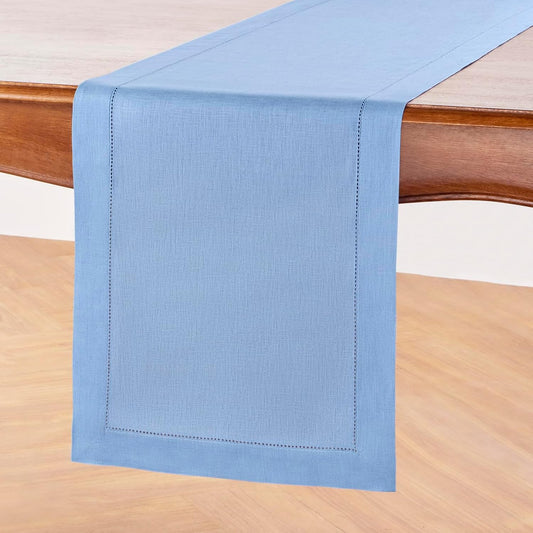 Solino Home Linen Cornflower Blue Table Runner 108 Inches Long - 100% Pure Linen Hemstitch 14 x 108 Inch Table Runner for Dining, Christmas, Holiday - Classic Hemstitch