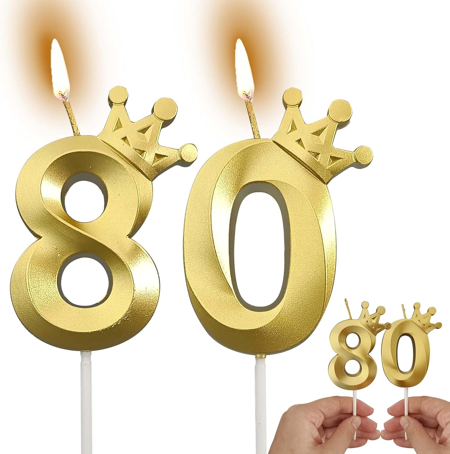 The Number 80 Gold Birthday Candles for Cake is Beautiful Number Candles for 80th Birthday Decorations for Man and Women(Gold-80, Crown)