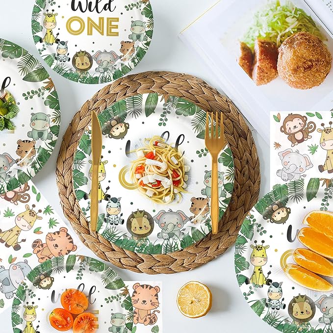 Wild One Birthday Decorations,182pcs Jungle Safari Theme Party Supplies,Includes Plates Napkins Cutlery Tablecloth and Banner,for Baby Shower or Boys 1st Birthday Party,Serve 30 Guests
