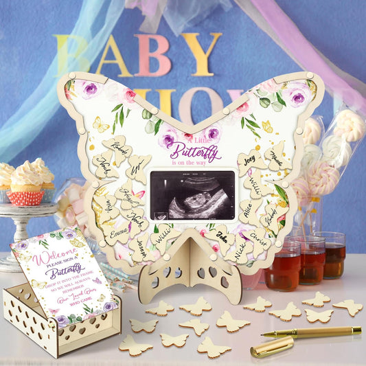 Wenqik 63 Pcs Butterfly Baby Shower Guest Book Alternatives Set Baby Shower Decorations with Photo Frame Sonogram Frame Keepsake 60 Wood Slices Guest Book for Birthday