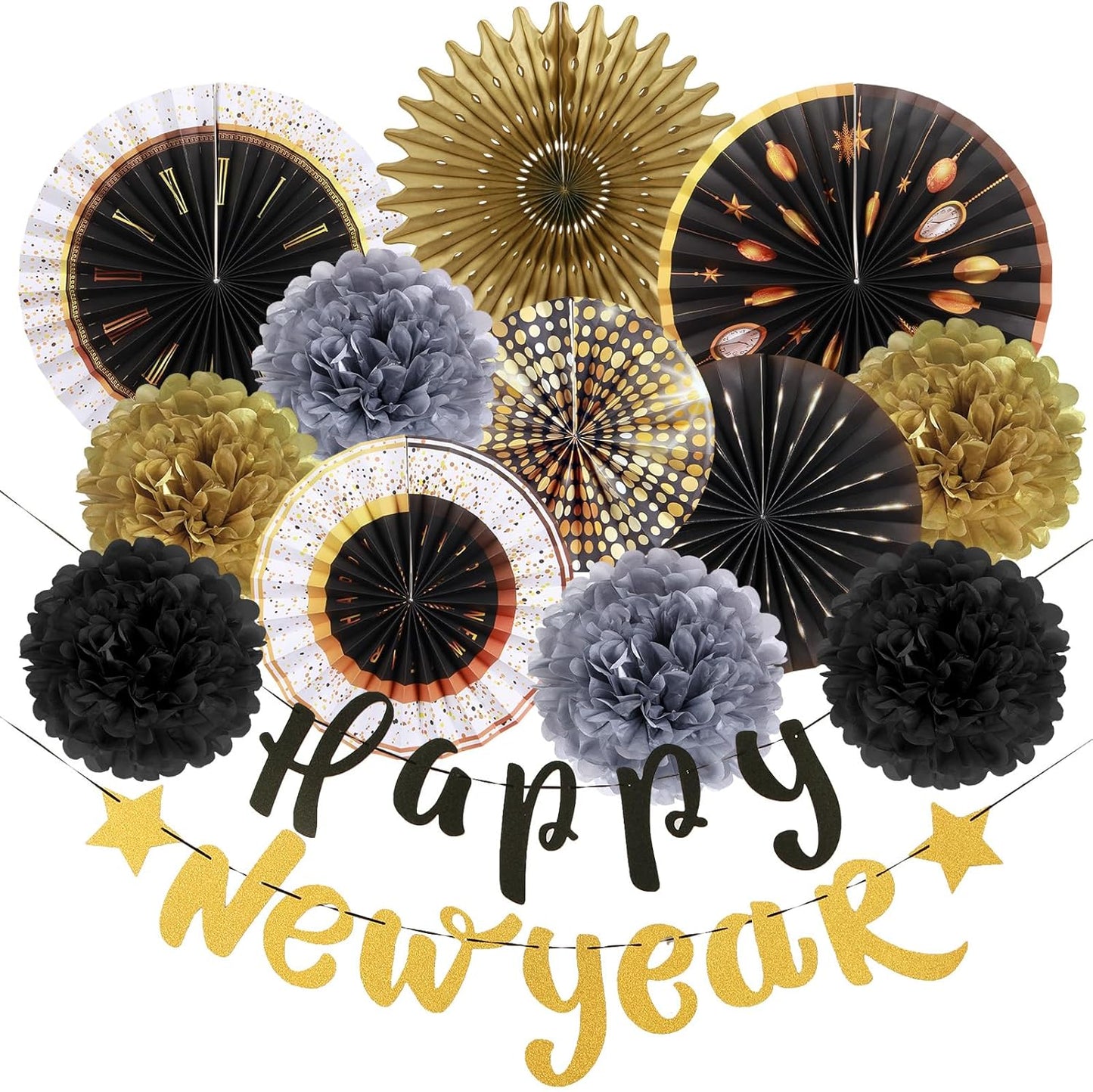SUNBEAUTY Birthday Party Decorations Gold Black Hanging Paper Fans Tissue Pom Poms Happy New Year Banner, Eve Party Supplies for 2025