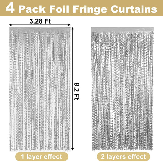 4 Pack Silver Fringe Curtain Backdrop 3.2Ft x 8.2Ft Metallic Tinsel Foil Fringe Streamers Background for Photo Booth Mother's Day, Easter, Carnival, Birthday, Wedding Party Decoration