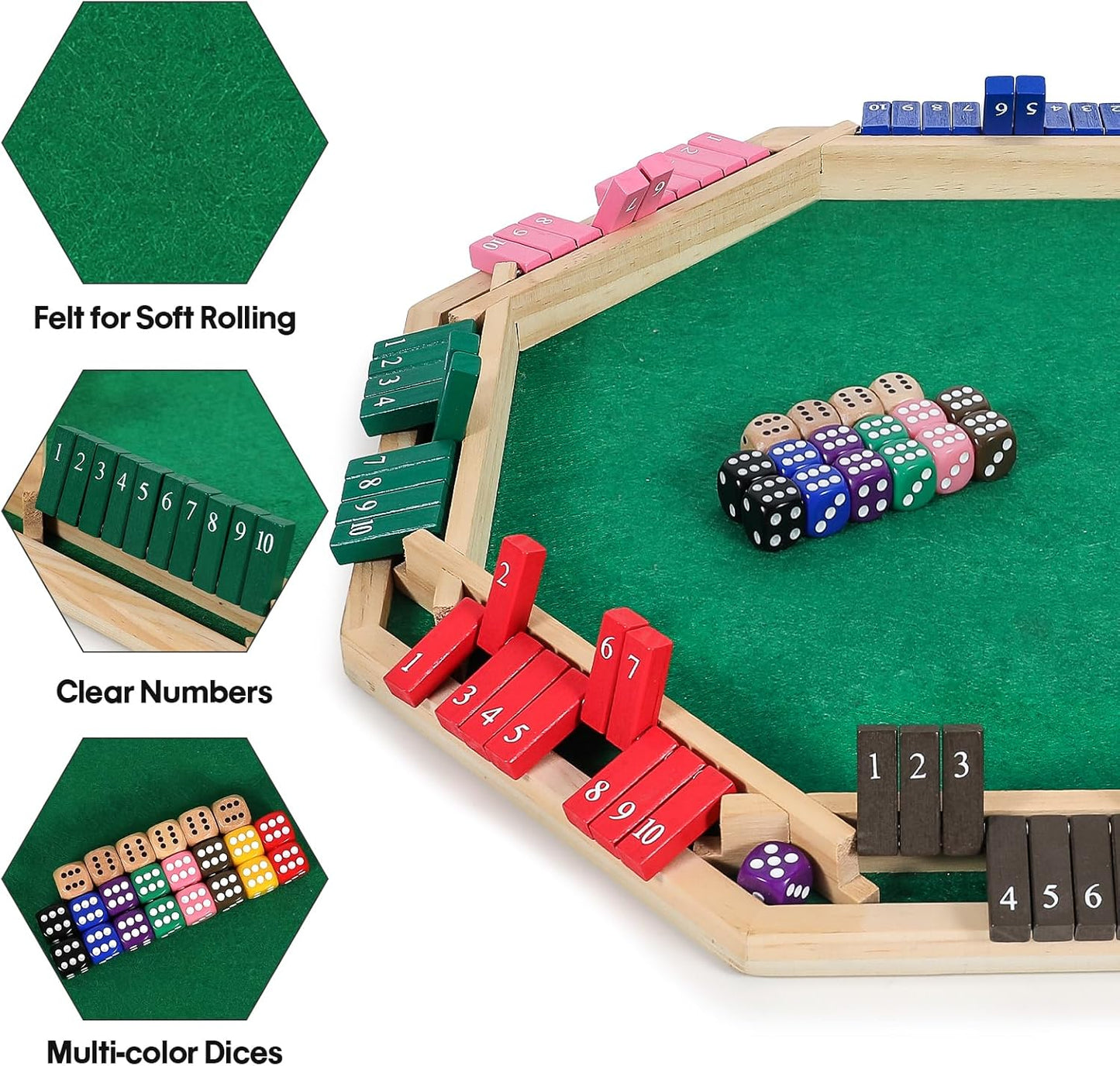 Vamslove Upgraded 2-8 Players Shut The Box Dice Game-Colorful 8-Way Wooden Board Table Math Game with 16 +6 Dices - Close The Box for Kids, Adults Families Party Club (Instruction Included)