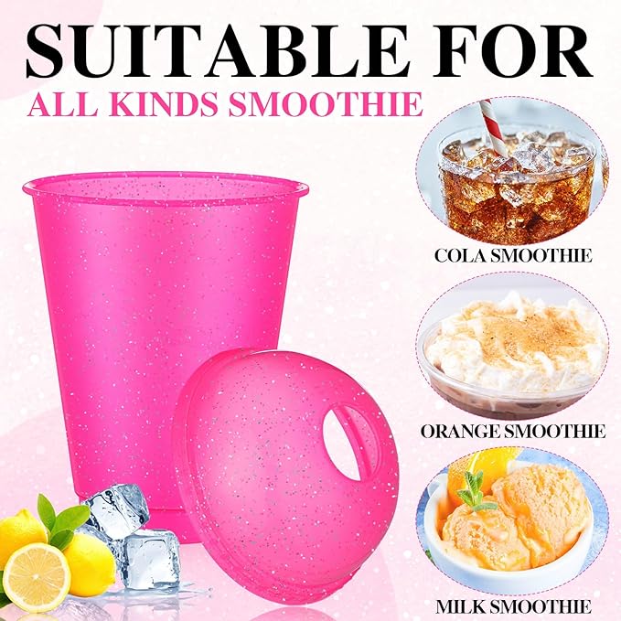 6 Set Slushie Cups with Dome Lids and Straws Detachable Spoon Straws Reusable Plastic Iced Coffee Cups Smoothie Tumbler for Birthdays Summer Party Supplies(Rose Red,16 oz)