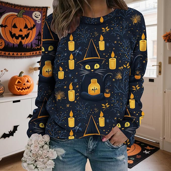 LIZALIG Pullover Cute Sweatshirt Orange Skeleton Fall Festive FunWomens Design Bat Holiday Party Outings Pumpkin Print