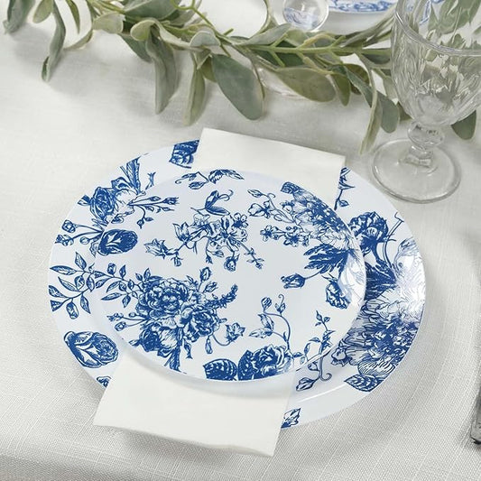 Efavormart 10-Pack French Toile Plastic Dessert Plates – Blue & White Floral, 7" Round Disposable Salad Plates