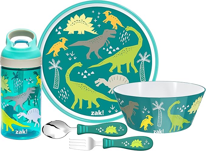 Zak Designs 5-Piece Dinnerware Set, Dinosaur - Durable Plastic & Stainless Steel - Includes Water Bottle, 8-Inch Plate, 6-Inch Bowl, Fork & Spoon - Suitable for Kids Ages 3+