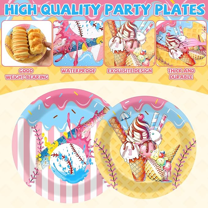 96PCS Ice Cream Drip Baseball Paper Plates and Napkins Sport Theme Birthday Camping Party Supplies Baseball Ice Cream Plates Sport Tableware Set for 24 Guests Birthday Gatherings Decoration