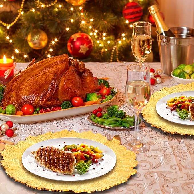GenMous 100 Pack Gold Charger Plates Bulk for Wedding Party Table Decor, 13 inch Floral Decorative Gold Charger for Dining Plates, Plastic Metallic Plates Charger for Thanksgiving Christmas Holiday