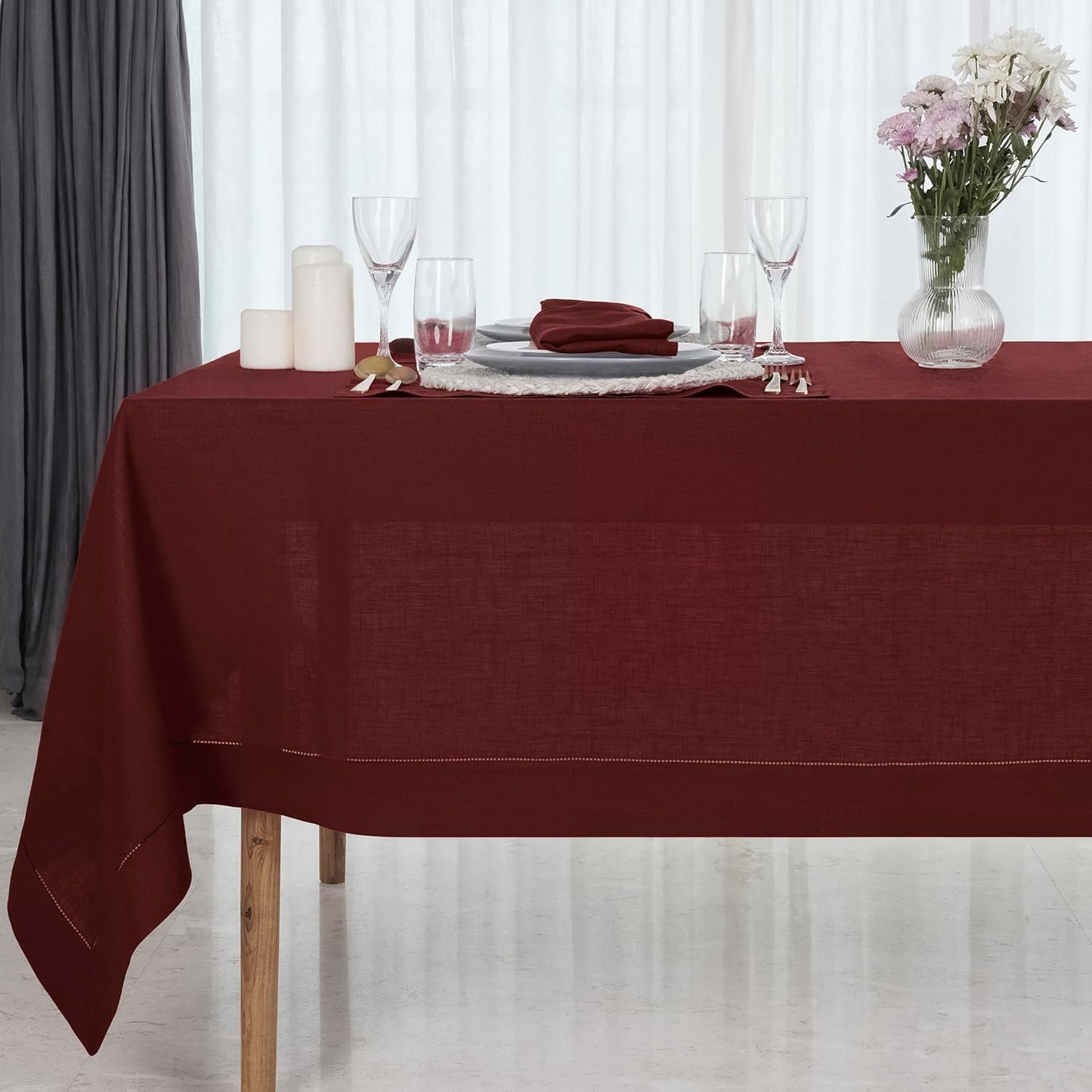 D'Moksha Homes Dark Red Linen Tablecloth 60 x 120 Inch - 100% Pure Linen Hemstitch Tablecloth for Rectangle Tables - Classic Hemstitch, Machine Washable Table Cloth for Fall, Autumn and Halloween