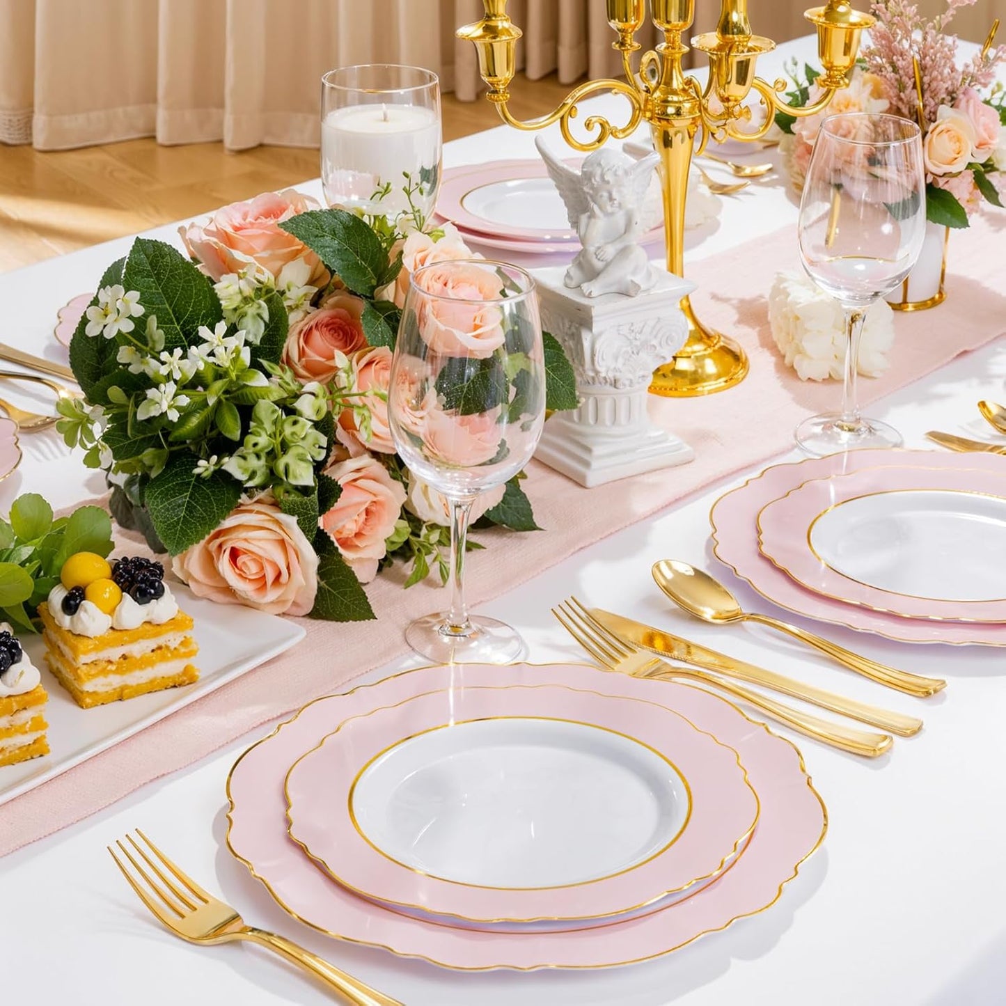 WDF 60pcs Pink Dessert Plates - 7.5inch Baroque Pink &White Disposable Dessert/Appetizer Small Cute Cake Plates for Upscale Parties &Wedding-Special for Bridal Shower, Brithday, Baby Shower