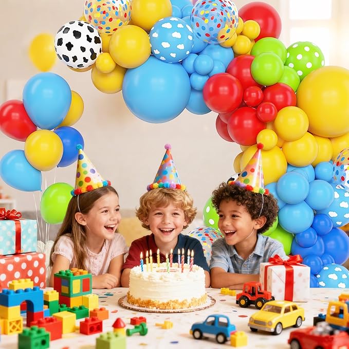 Amandir 152Pcs Blue Red Yellow Balloon Arch Garland Kit, Different Sizes 12 10 5 Cow Cloud Pattern Green Confetti Latex Balloons For Cartoon Theme Birthday Baby Shower Decorations