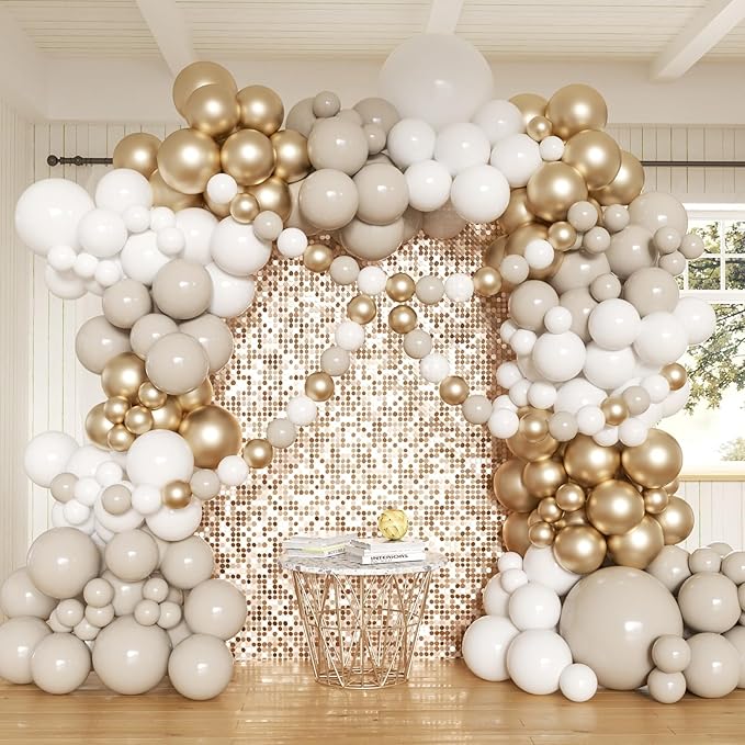 White Sand Gold Balloon Garland Arch Kit, 162PCS Neutral White Sand Chrome Gold and White Balloons for Baptism First Communion Boho Wedding Baby Shower Birthday Party Decorations