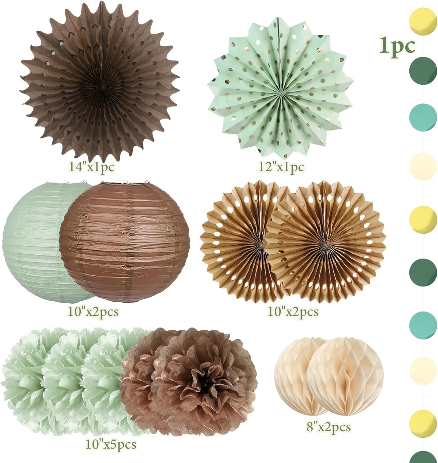 Sage Green and Brown Party Decorations Sage Green and Brown Paper Fans Paper Lanterns Pom Poms Flowers for Baby Shower Birthday Wedding Engagement Party