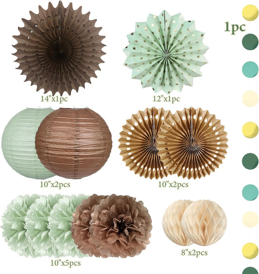 Sage Green and Brown Party Decorations Sage Green and Brown Paper Fans Paper Lanterns Pom Poms Flowers for Baby Shower Birthday Wedding Engagement Party