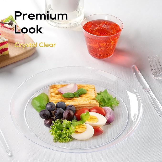 FOCUSLINE 100 Count Clear Plastic Plates 10 Inch, Disposable Dinner Plates Heavy Duty- Premium Clear Hard Plastic for Weddings, Parties and Events