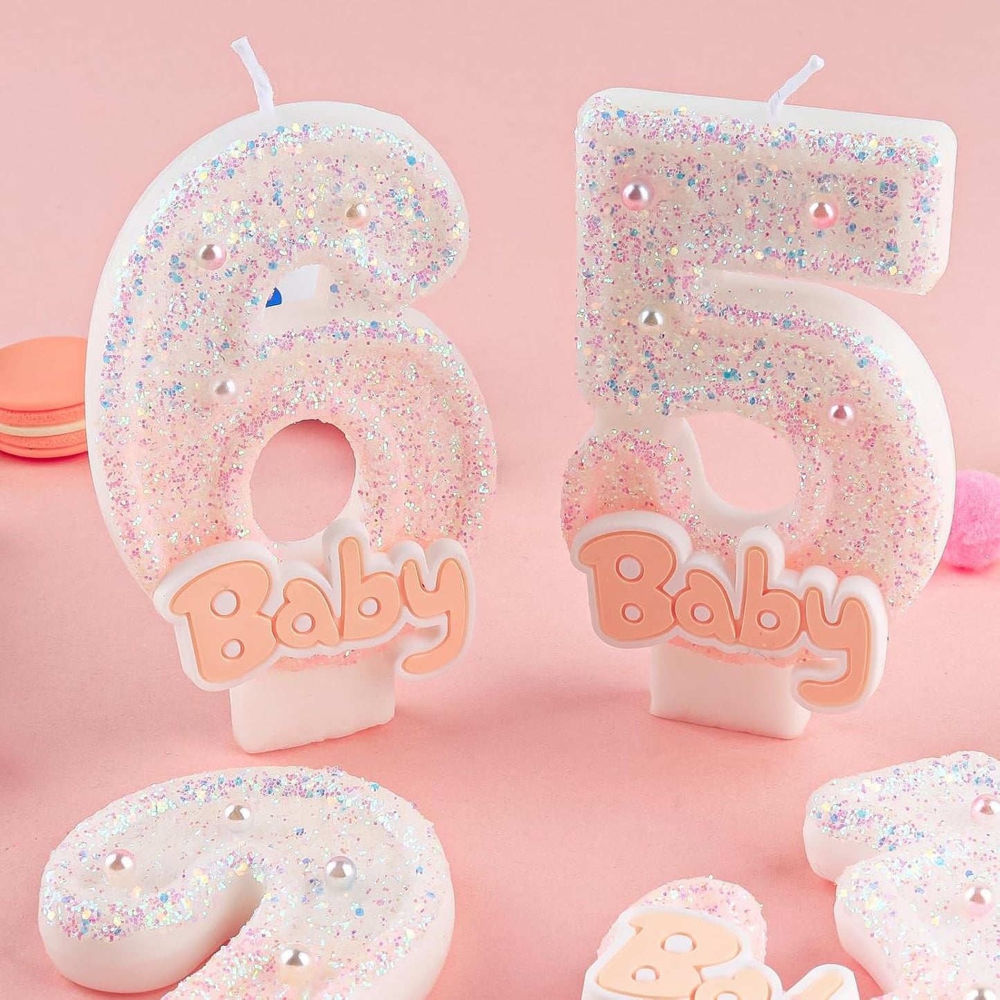 Pink Baby Birthday Number Candles, Birthday Candles for Cake, Glitter Number 5 Cake Topper with Sequins for Girls, Baby Baptism Party Cake Decorations