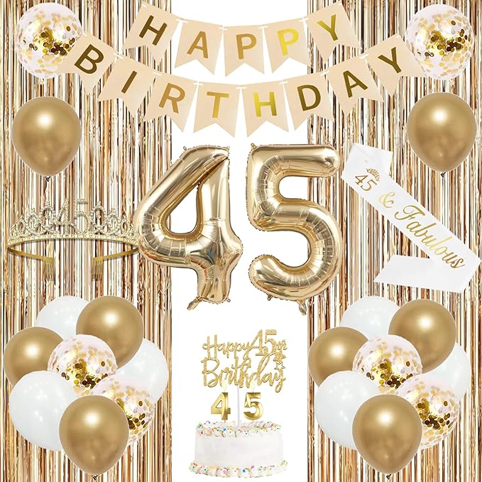 Trgowaul 45th Birthday Decorations for Women, Banner, Sash and Crown, Cake Topper, 45 Number Balloon, Fringe Curtains, Champagne Gold 45th Birthday Party Supplies