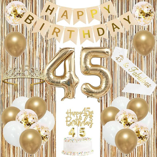 Trgowaul 45th Birthday Decorations for Women, Banner, Sash and Crown, Cake Topper, 45 Number Balloon, Fringe Curtains, Champagne Gold 45th Birthday Party Supplies