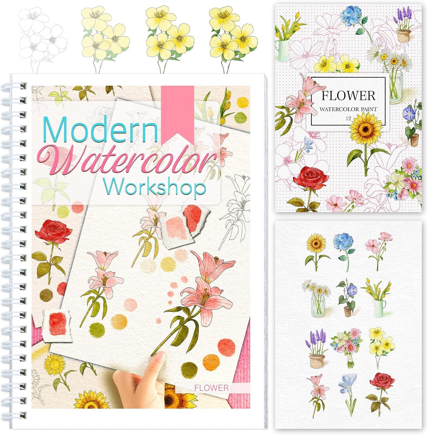 Watercolor Workbooks with Step by Step for Adults Teens - Beginner Watercolor Workbook with 12 Coloring Book Pages -100% Cotton 300gsm/140lb Watercolor Paper(Flower)