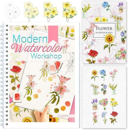 Watercolor Workbooks with Step by Step for Adults Teens - Beginner Watercolor Workbook with 12 Coloring Book Pages -100% Cotton 300gsm/140lb Watercolor Paper(Flower)