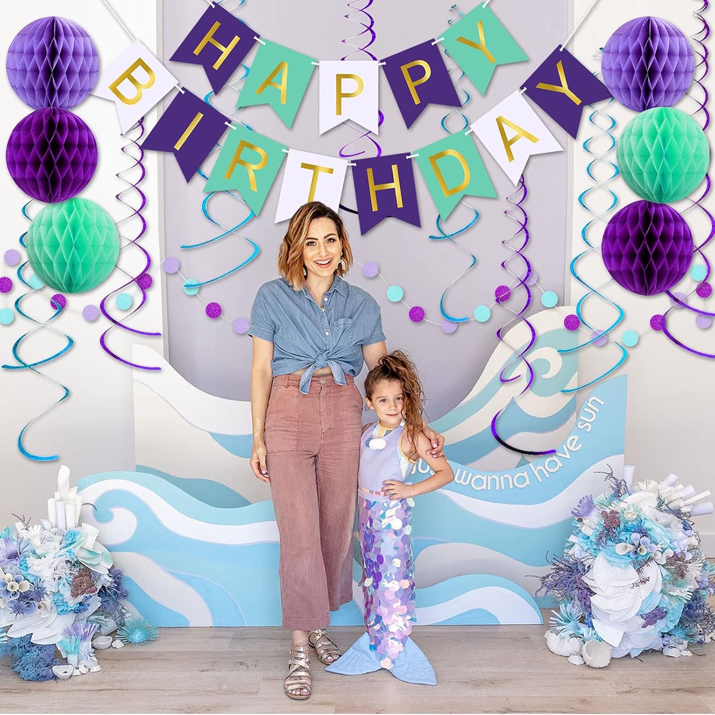 Mermaid Birthday Decorations with Happy Birthday Banner, Paper Honeycomb Balls, Circle Garland and Hanging Swirl Decorations