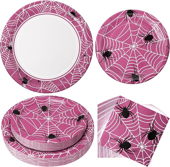 75pcs Spider Party Supplies, 25 Guest Disposable Pink Paper Plates & Napkins, Tableware Decorations Favors, Including 9" & 7" Plates & Napkins for Halloween, Birthday, Parties, and Everyday Use