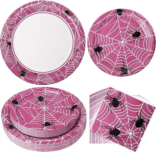 75pcs Spider Party Supplies, 25 Guest Disposable Pink Paper Plates & Napkins, Tableware Decorations Favors, Including 9" & 7" Plates & Napkins for Halloween, Birthday, Parties, and Everyday Use