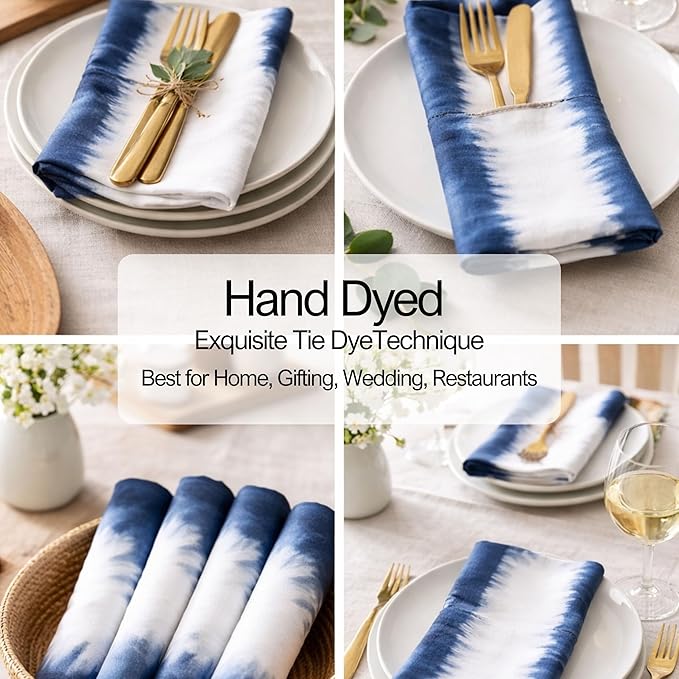FINGERCRAFT Cloth Napkins Set of 6 Cotton Blend Tie Dye 20x20 Inch Large Size Dinner Napkins Cloth Perfect for Parties Dinners Weddings Cocktail Christmas Easter Royal Blue Ikat