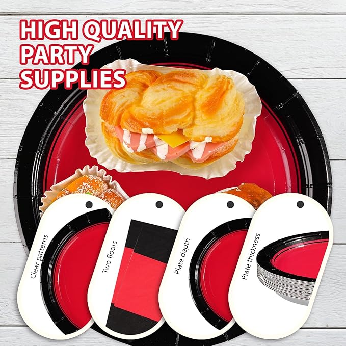Grencian 200Pcs Red and Black Party Decorations Valentine's Day Red and Black Plates and Napkins Disposable Tableware Set for Graduation Birthday Wedding Valentine's Day Party Supplies, Serves 50