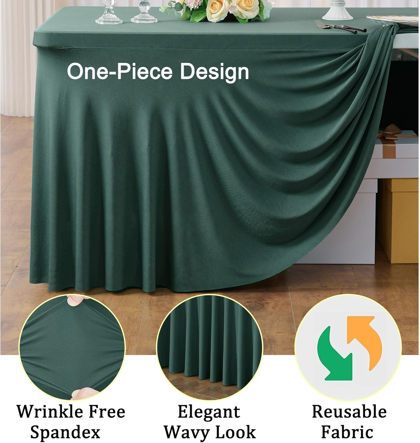 6 Pack Hunter Green Spandex Tablecloth for 6 Foot Rectangle Tables, Wrinkle Free Fitted Table Cloth Cover 6ft Green Stretchy Tablecloths Desk Skirt for Parties Weddings Birthday Banquet Baby Shower