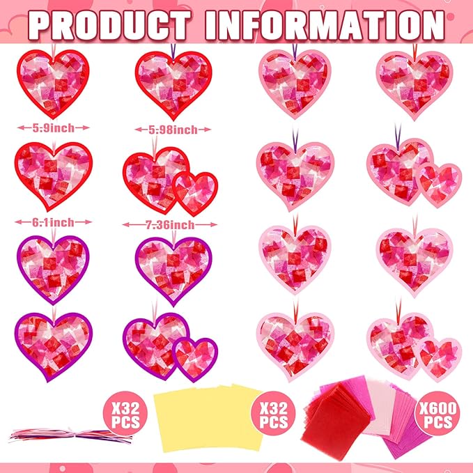 Motipuns 32 Sets Valentine Suncatchers Paper Craft Set DIY Heart Shaped Window Stained Glass Effect Paper Kit for Valentine Mother's Day Art Projects Party Favors (Classic Style)