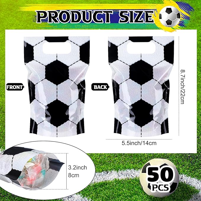 Blosssound 50 Pcs Sport Plastic Bags Clear Soccer Sealed Pouches with Handles Resealable Soccer Party Favor Bags for Sports Theme Birthday Party Candy Gift Wrap Supplies Decoration