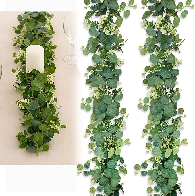 4 Pack Eucalyptus Garland, 5.9Ft Artificial Flowers and Leaves Greenery Garlands for Table, Faux Greenery Garland,Wedding Decorations, Party Decorations, Table Mantel Bedroom Wall Decoration