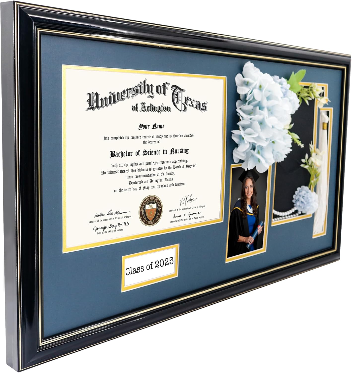 GraduationMall Class of 2025 Graduation Frame for 8.5x11 Diploma & 4x6 Photo with Graduation Cap & Tassel Holder, Black Wood Display Case with Navy Gold Mat