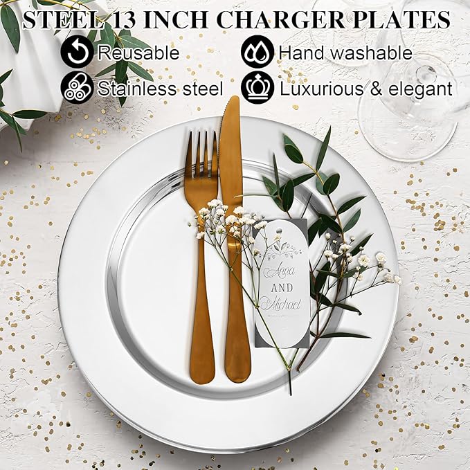 Vesici 50 Pcs Silver Stainless Steel Charger Plates 13 Inch Round Metal Charger Plates Bulk Mirror Elegant Charger Luxury Table Decor for Wedding Dinner Party