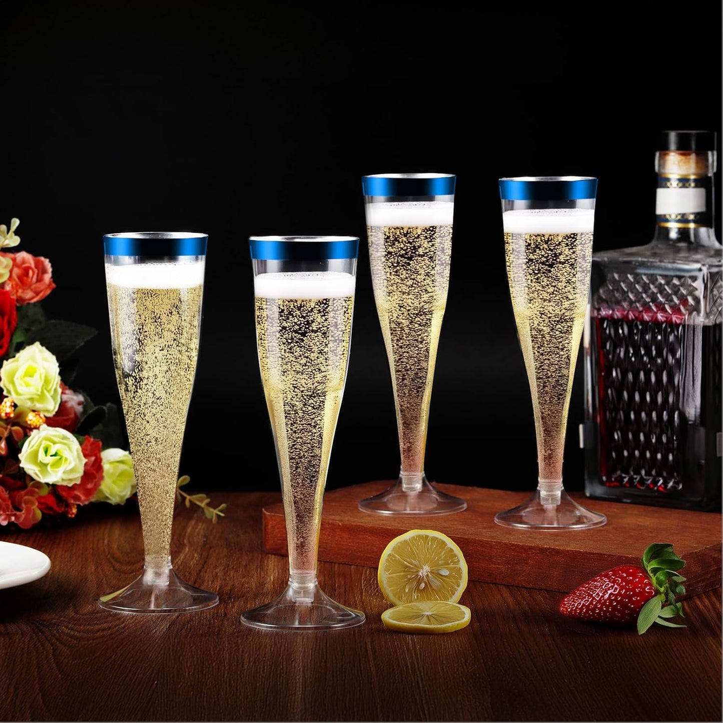 100 Pack Plastic Champagne Flutes,4.5 oz Plastic Glasses,Clear Disposable Champagne Flute,Toasting Glasses for Party Wedding Thanksgiving Day Christmas Party Cocktail Cups(Blue)
