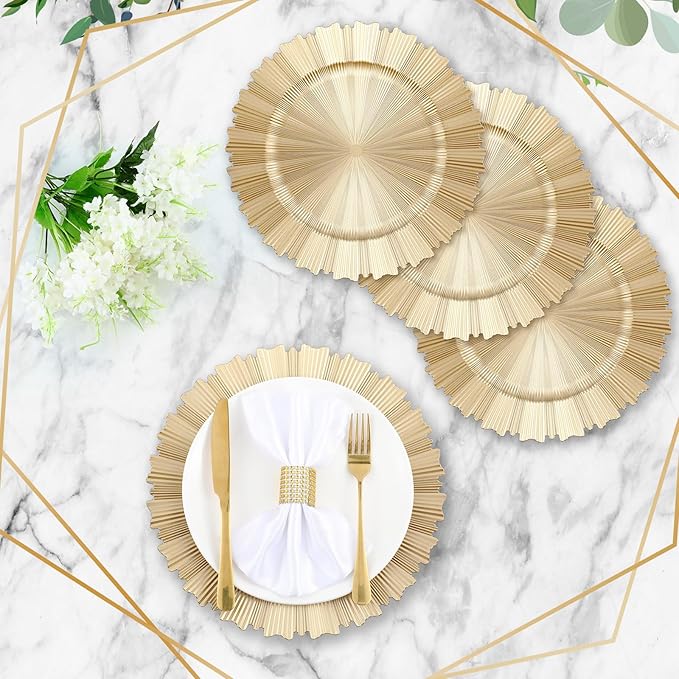 Mifoci 12 Pcs Champagne Gold Charger Plates Bulk 13 Inch Plastic Round Chargers Fluted Edge Dinner Plate Wedding Decoration for Table Setting Wedding Party Event Tabletop