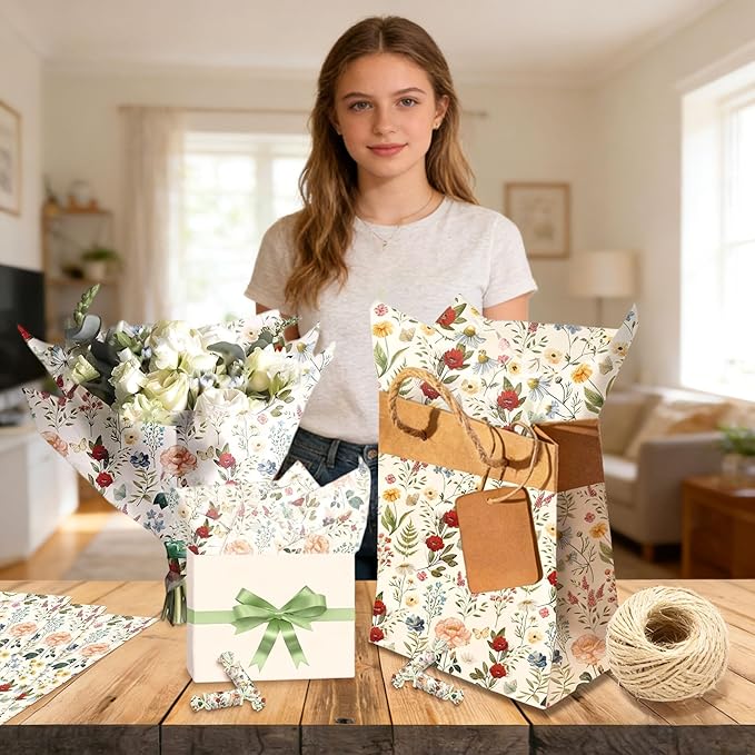 BACH AND BOUJEE 50 Sheets Vintage Wildflower Tissue Paper Floral Wrapping Paper Flower Printed DIY Craft Tissue Papers for Gift Bags Greenery Gift Wrap Packaging Bridal Shower Wedding Birthday