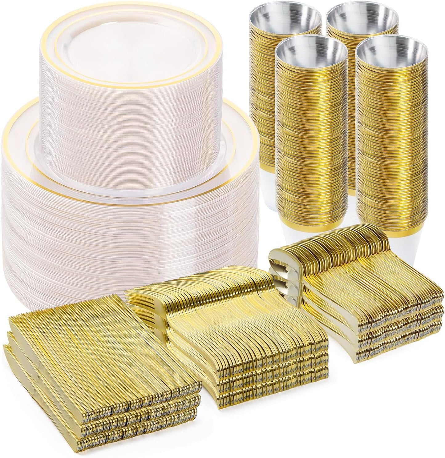BESTVIP 600PCS Clear Gold Dinnerware Set for 100 Guests, Plastic Plates for Party, Christmas and New Year, 100 Disposable Plates, 100 Dessert Plates, 100 Cups, 100 Spoons, 100 Forks and 100 Knives