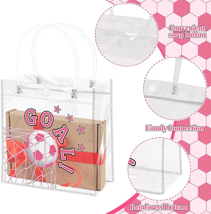 H1vojoxo Pink Soccer Gift Bags - 24PCS Pink Soccer Clear Goodie Bags with Handle 7.9x3.2x7.9 Inch Clear PVC Treat Bag for Team Girls Ball Themed Candy Snack Goody Bag for Sport Birthday Party Favor