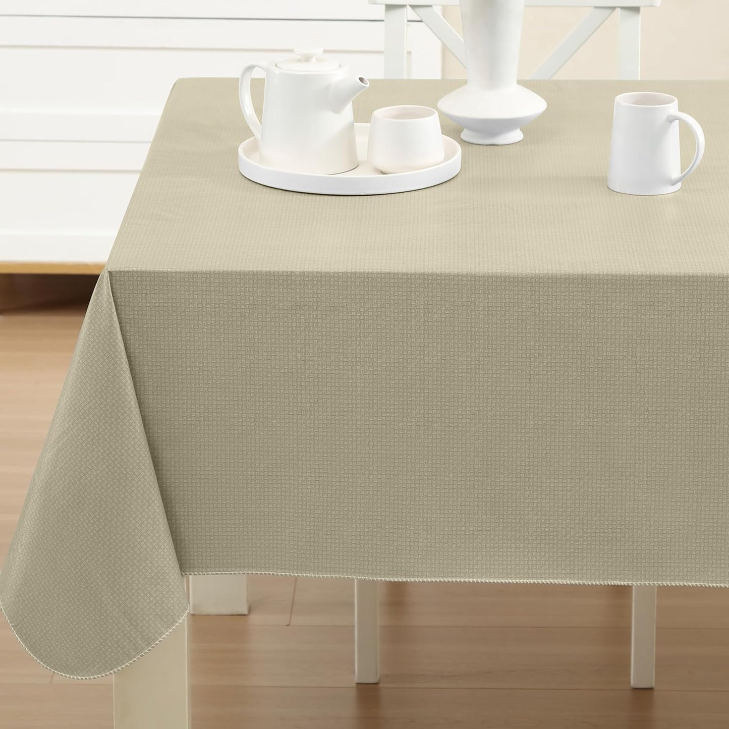Newbridge Basketweave Vinyl Flannel Backed Tablecloth, 60 x 102 Inch Rectangle, Natural, Basket Weave Textured Indoor Outdoor Waterproof Table Cover for Patio, Kitchen, Dining