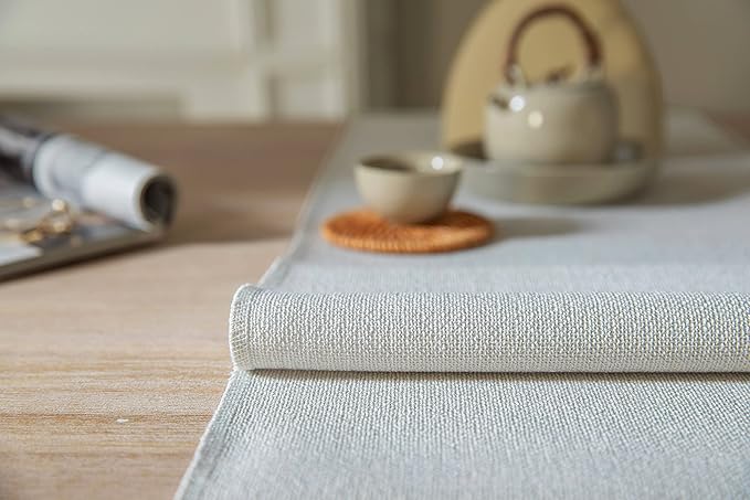 ZeeMart Light Grey Table Runners 108 Inches Long, Burlap Linen Style Rustic Farmhouse Table Runner, Long Boho Dining Table Runner, 13x108 Inches, Light Grey
