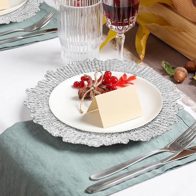 32 Pack Charger Plates Set Reef Chargers for Dinner Table Serving Tray Floral Plastic Decorative Plates for Table Setting Wedding Party, 13 Inch(Silver)